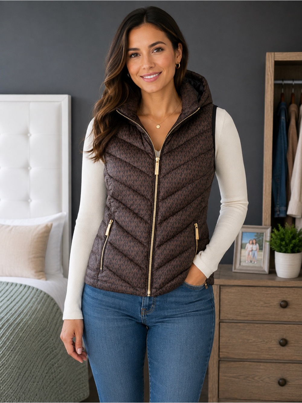 MICHAEL Michael Kors MK Logo Packable Down Puffer Vest Hooded Brown XS